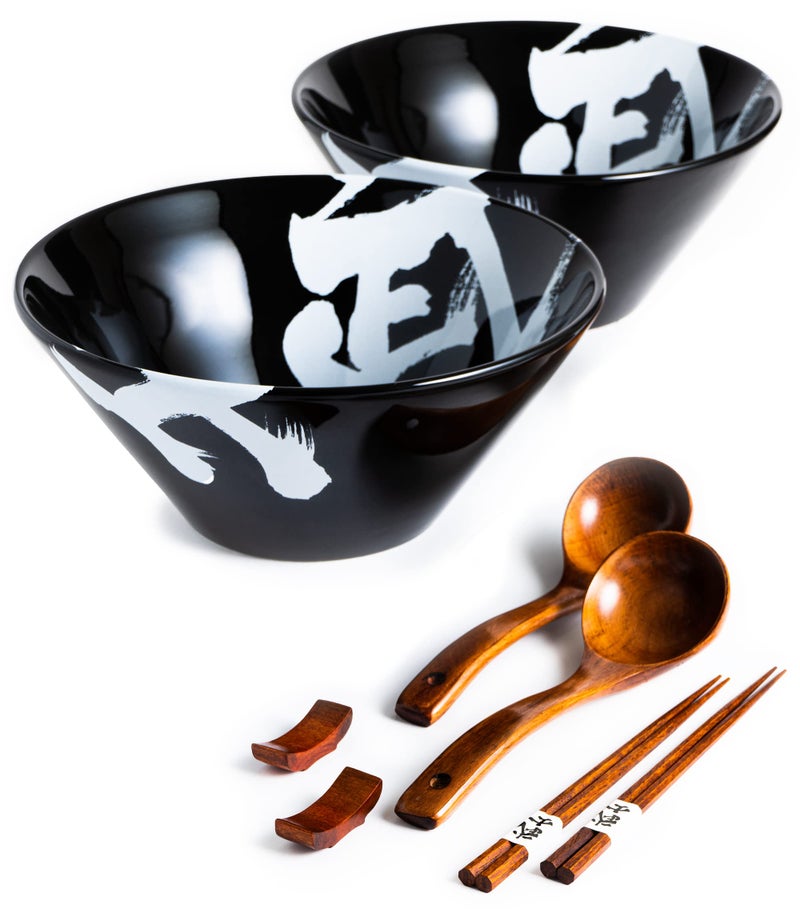 BICETTO Japanese Ceramic Ramen Bowl Set, 60oz Large Ramen Bowls with Chopsticks, Spoons and Chopstick Rests â€“ Bowl for Ramen, Pho, Salad, Poke, Soup, Udon â€“ Minimalist Design, Premium Quality, Black - Image 1